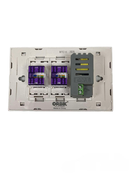 T J wall plate 3 Gang Outlet 2pcs Cat6 and USB-A. two purple Cat6 keystone jacks and USB A module