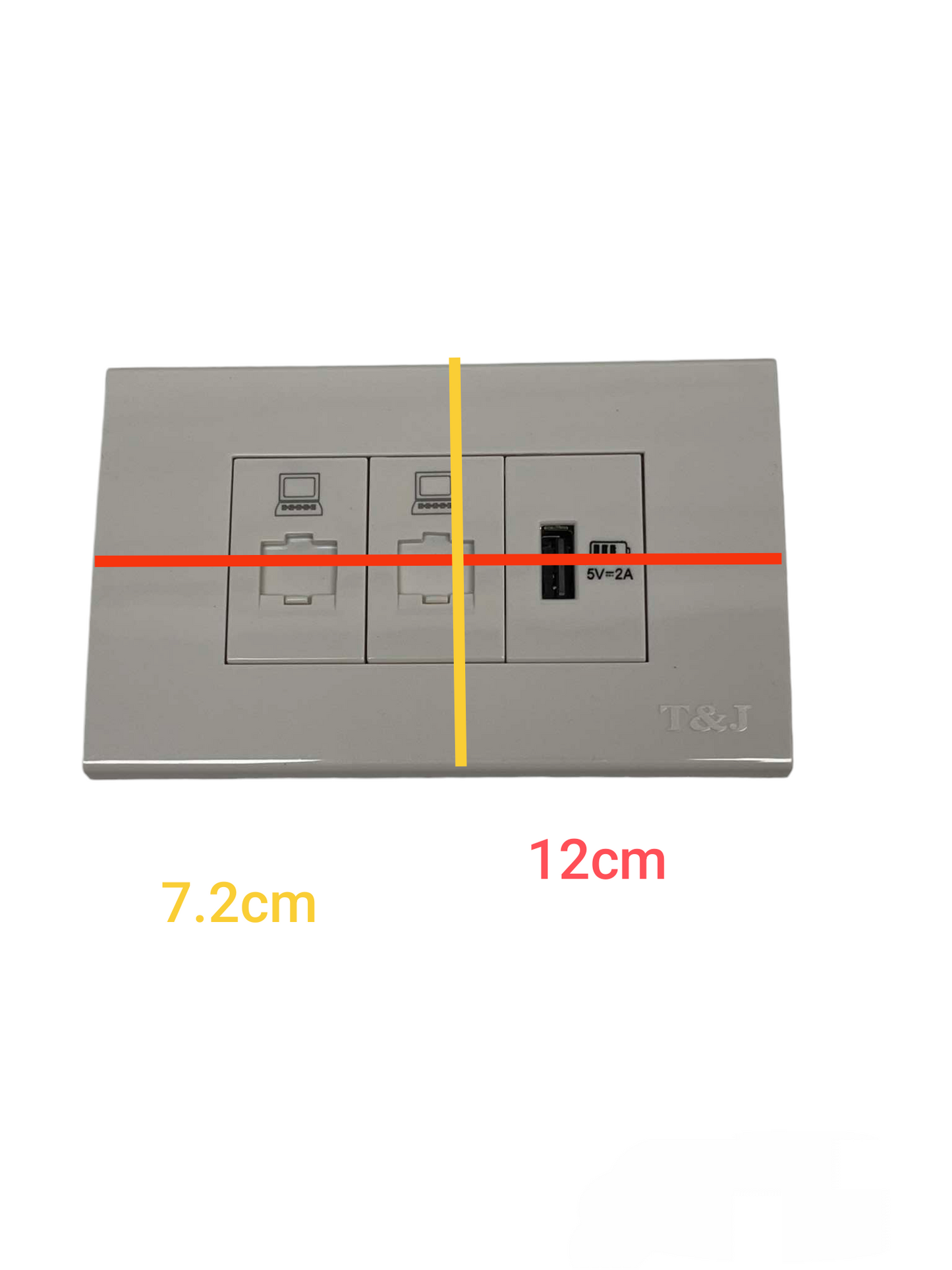 TJ stainless steel 3 gang wall plate with 2 Cat6 data jacks and dual USB A charging ports 3 Gang Outlet 2pcs Cat6 and USB-A.