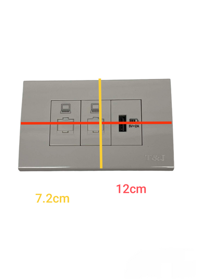TJ stainless steel 3 gang wall plate with 2 Cat6 data jacks and dual USB A charging ports 3 Gang Outlet 2pcs Cat6 and USB-A.