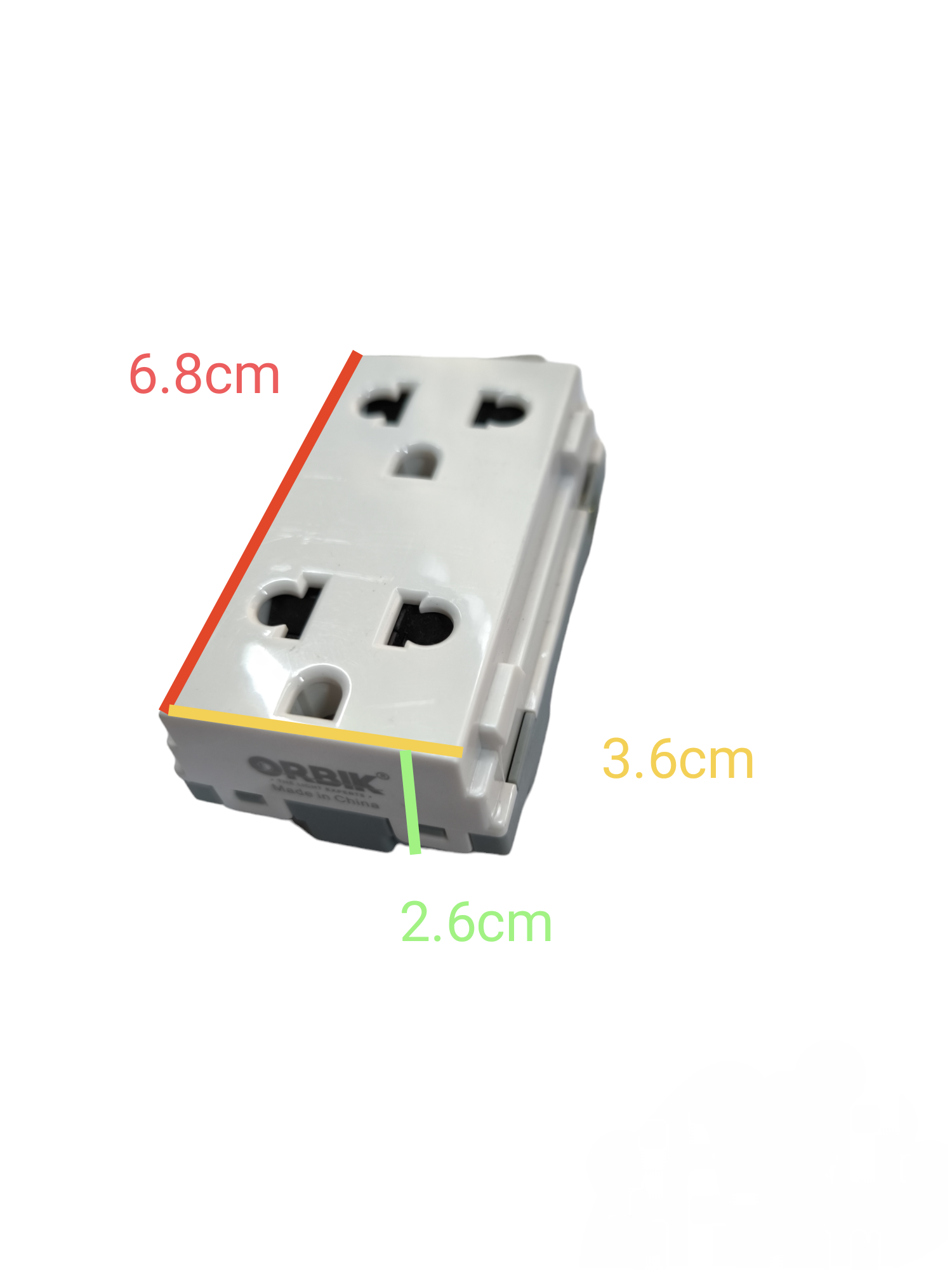 T&J Duplex Outlet Device with Ground 16A showing dimensions 6.8 cm by 3.6 cm by 2.6 cm