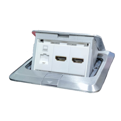 TJ brushed steel floor outlet box showing Floor Outlet HDMI, HDMI, DATA with two HDMI and data jack