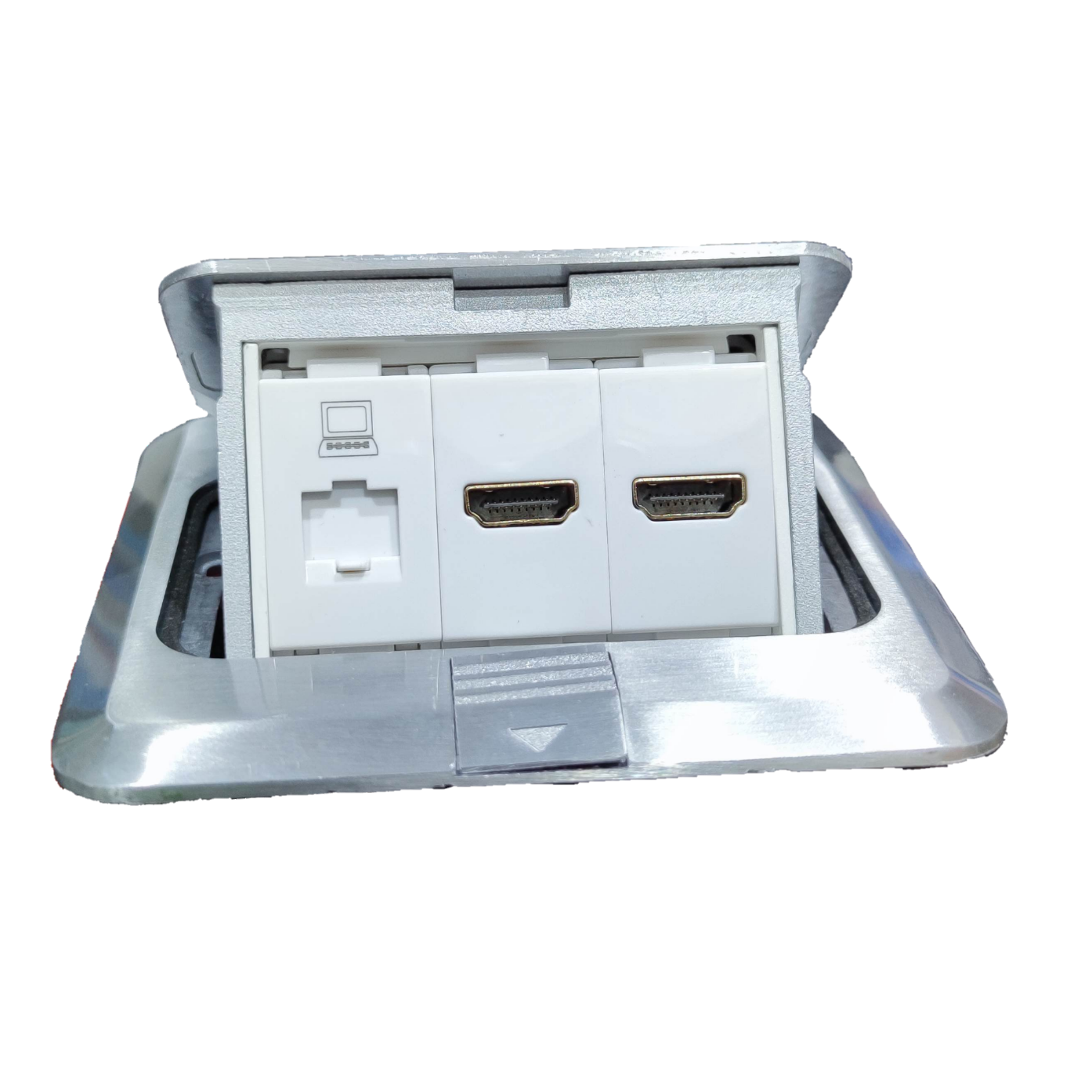 T and J floor outlet with two HDMI ports and RJ45 data jack Floor Outlet HDMI, HDMI, DATA for AV installations