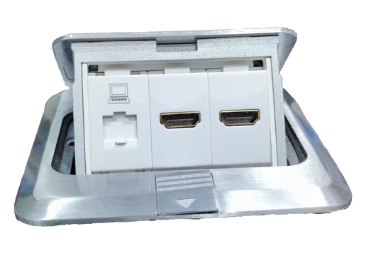 T and J floor outlet with two HDMI ports and RJ45 data jack Floor Outlet HDMI, HDMI, DATA for AV installations