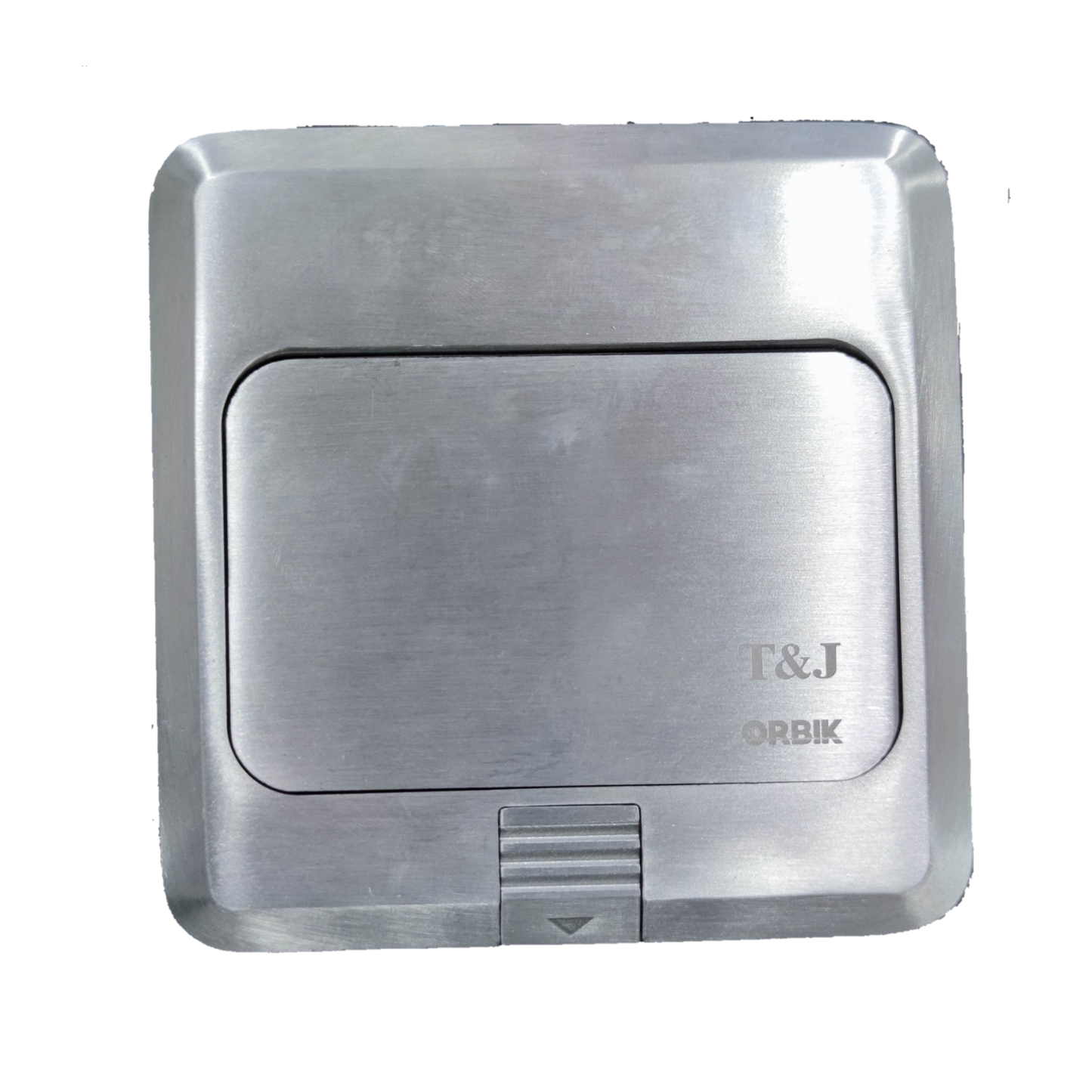 T&J stainless steel floor outlet with flip cover and T&J logo for AV installations Floor Outlet HDMI, HDMI, DATA.