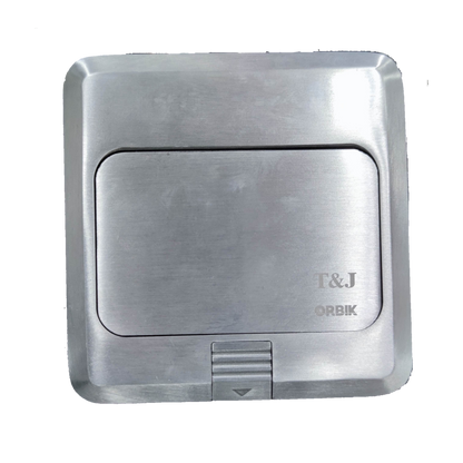 T&J stainless steel floor outlet with flip cover and T&J logo for AV installations Floor Outlet HDMI, HDMI, DATA.