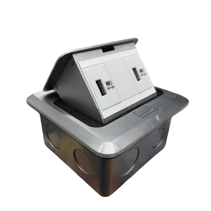 T&J Floor Outlet Pop-up 2 Gang USB Outlet with metal frame and dual USB ports for convenient charging