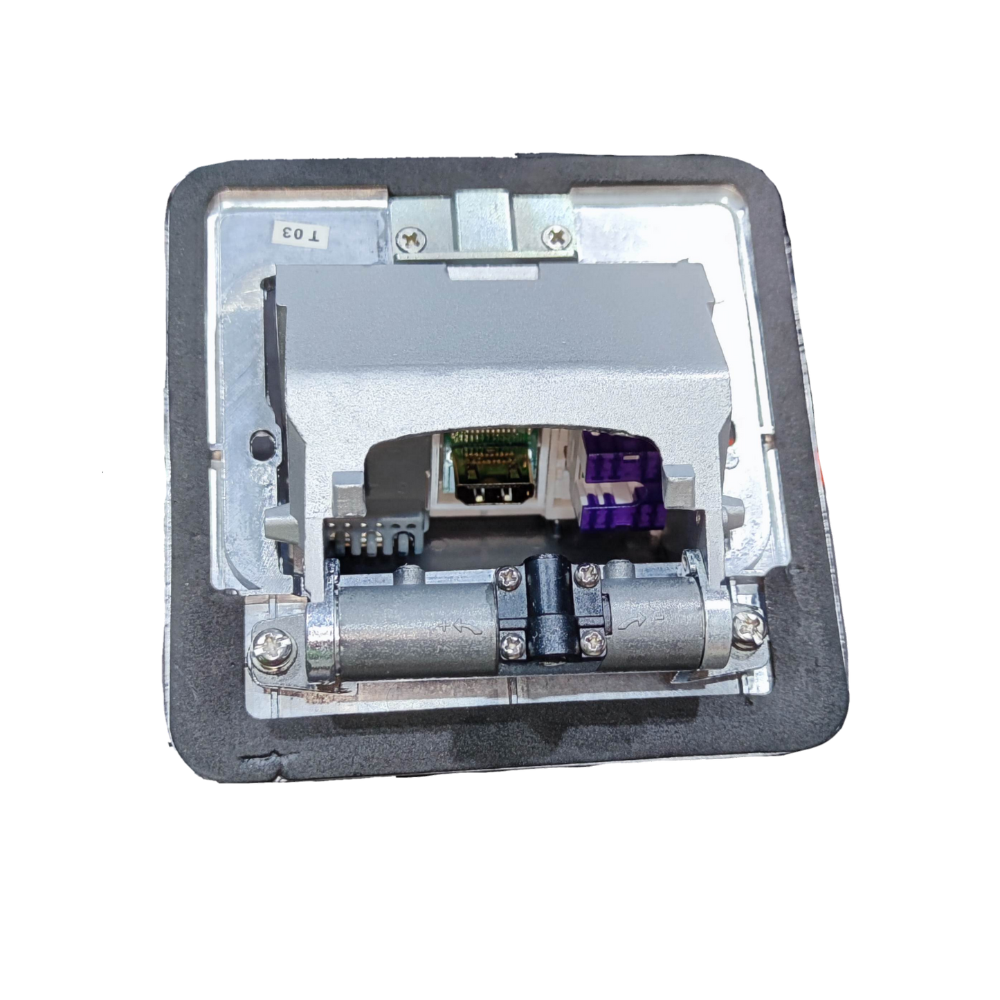 T&J Floor Outlet Pop-up 2 Gang USB Outlet with metal casing and hinge mechanism for recessed installation
