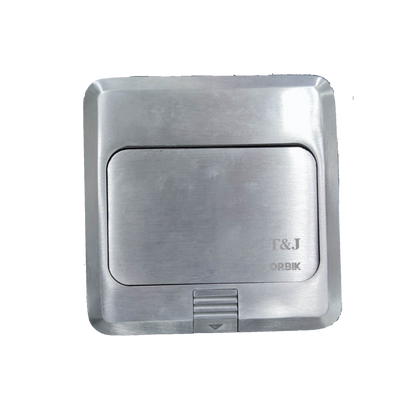 T&J Floor Outlet Pop-up 2 Gang USB Outlet in brushed metal finish with closed lid