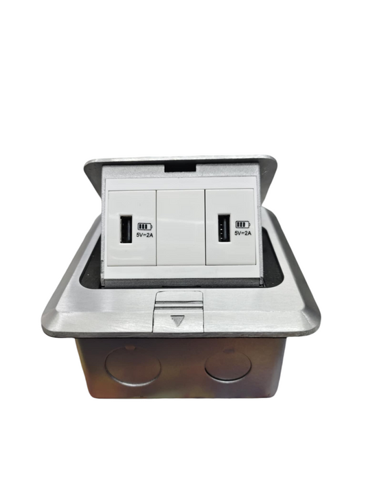 T&J Floor Outlet Pop-up 2 Gang USB Outlet with stainless steel frame and dual USB ports