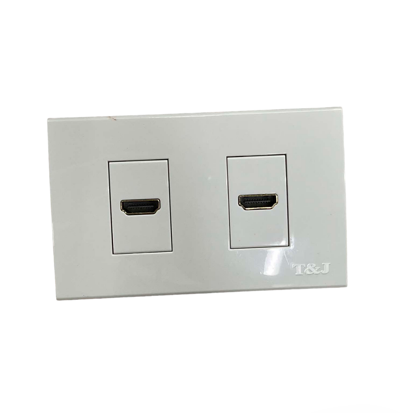 T&J HDMI Outlet with Plate Cover featuring dual ports for high-definition multimedia connection