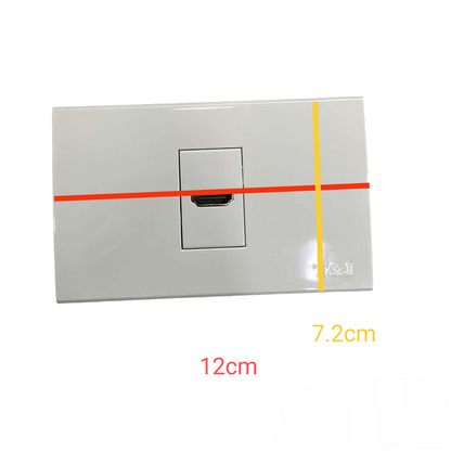 T&J HDMI Outlet with Plate Cover in white with precise dimensions for wall installation