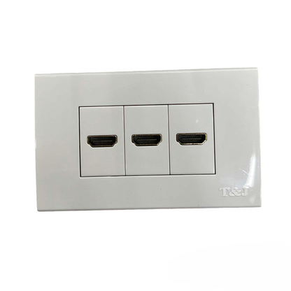 T&J HDMI Outlet with Plate Cover featuring three HDMI ports in a white rectangular panel
