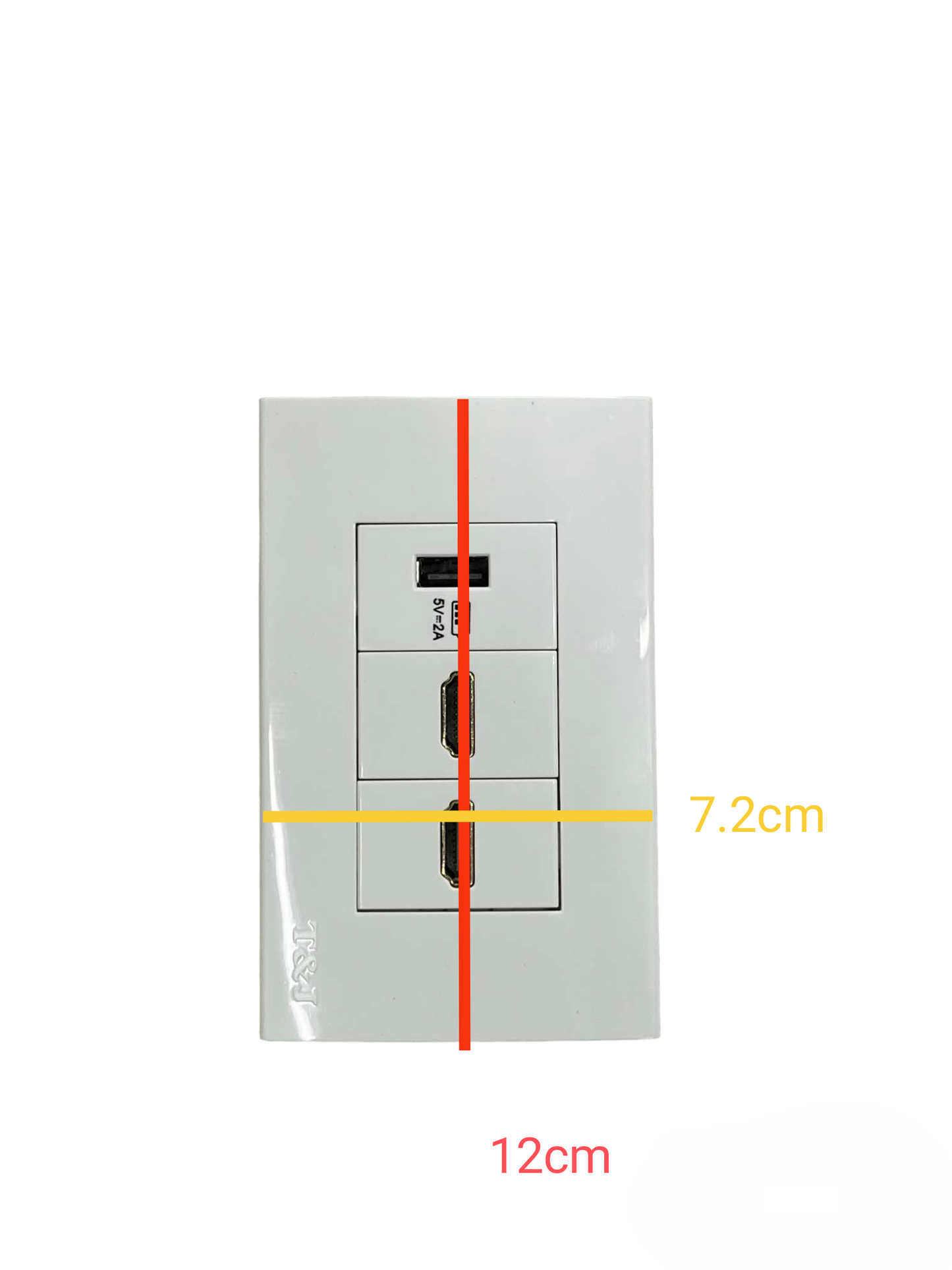 T&J 3 Gang Outlet with 2 HDMI Outlet and 1 USB-A Outlet in white wall plate design