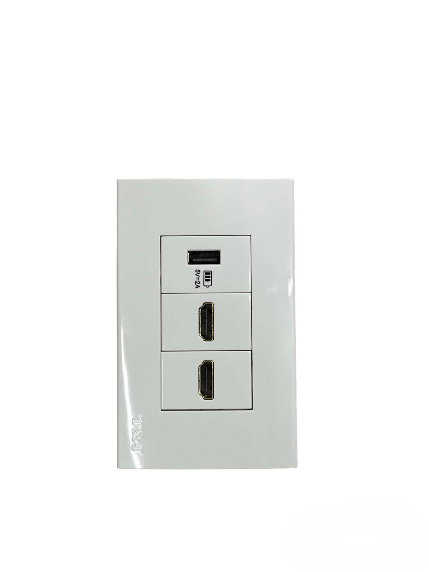 T&J 3 Gang Outlet with 2 HDMI Outlet and 1 USB-A Outlet in white wall plate for multimedia connections