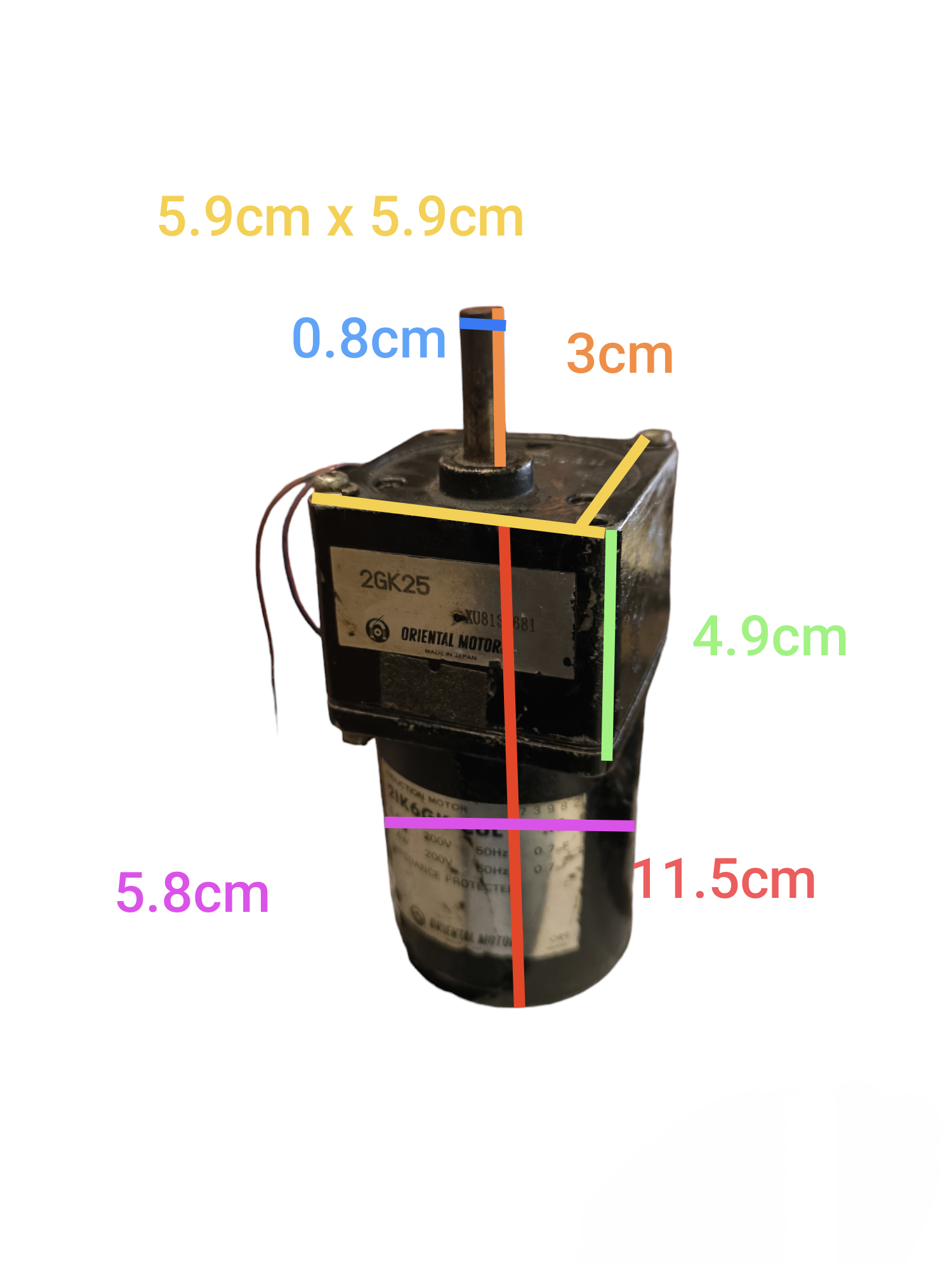 Oriental Motor Motor Induction Motor 5.5W 200V with dimensions marked in centimeters on the black motor unit