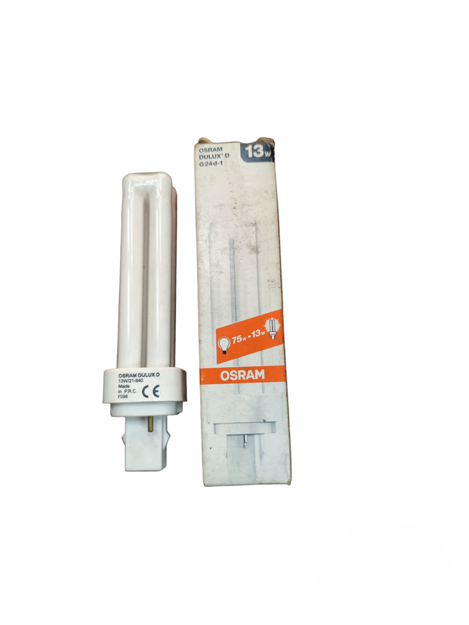 Osram 13W Pinlight Dulux D G24d-1 compact fluorescent bulb with packaging shown on white background