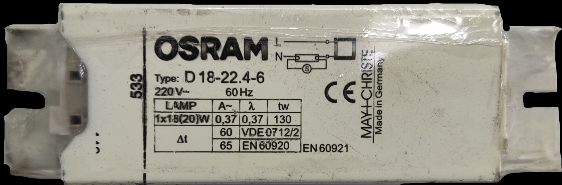 Osram 18W magnetic ballast by May & Christie, designed for efficient electrical circuit performance.