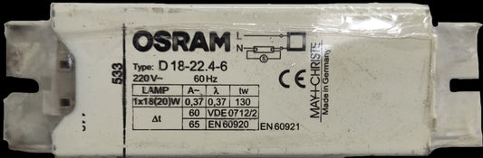 Osram 18W magnetic ballast by May & Christie, designed for efficient electrical circuit performance.