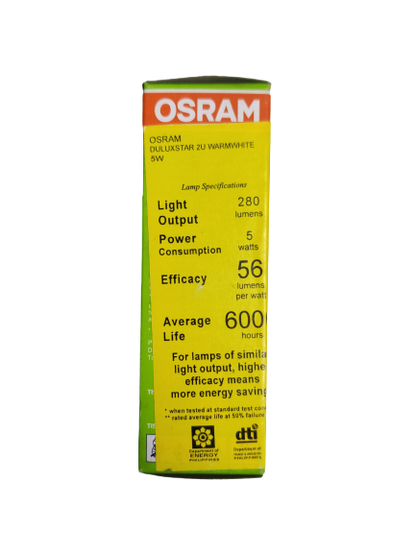 Osram 5W CFL 220V 2U Warm White compact fluorescent bulb packaging with lamp specifications