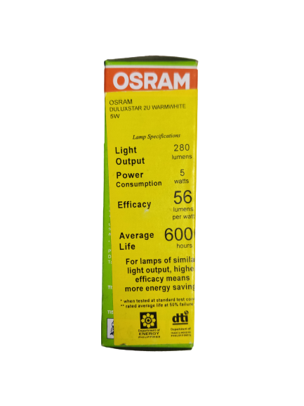 Osram 5W CFL 220V 2U Warm White compact fluorescent bulb packaging with lamp specifications