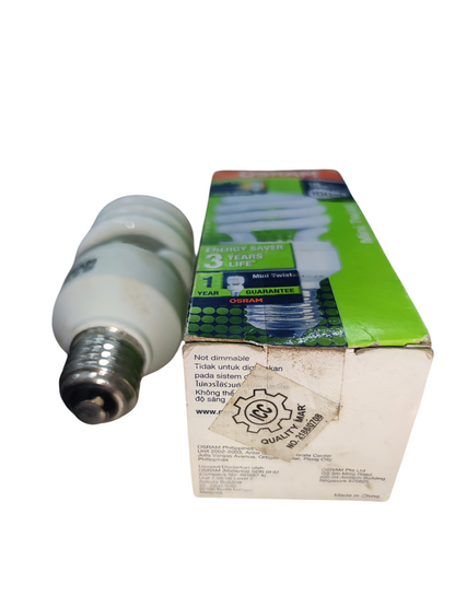 Osram Compact Fluorescent Lamp 11W E27 next to its green and white packaging box