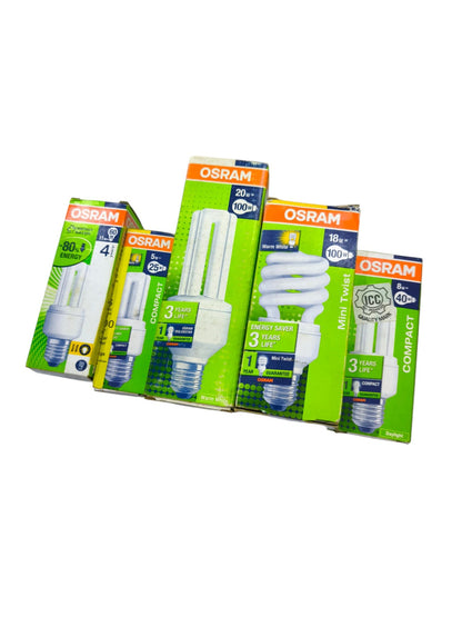 Osram Compact Fluorescent Lamp 18W E27 220V and other energy-saving CFL bulbs in retail packaging