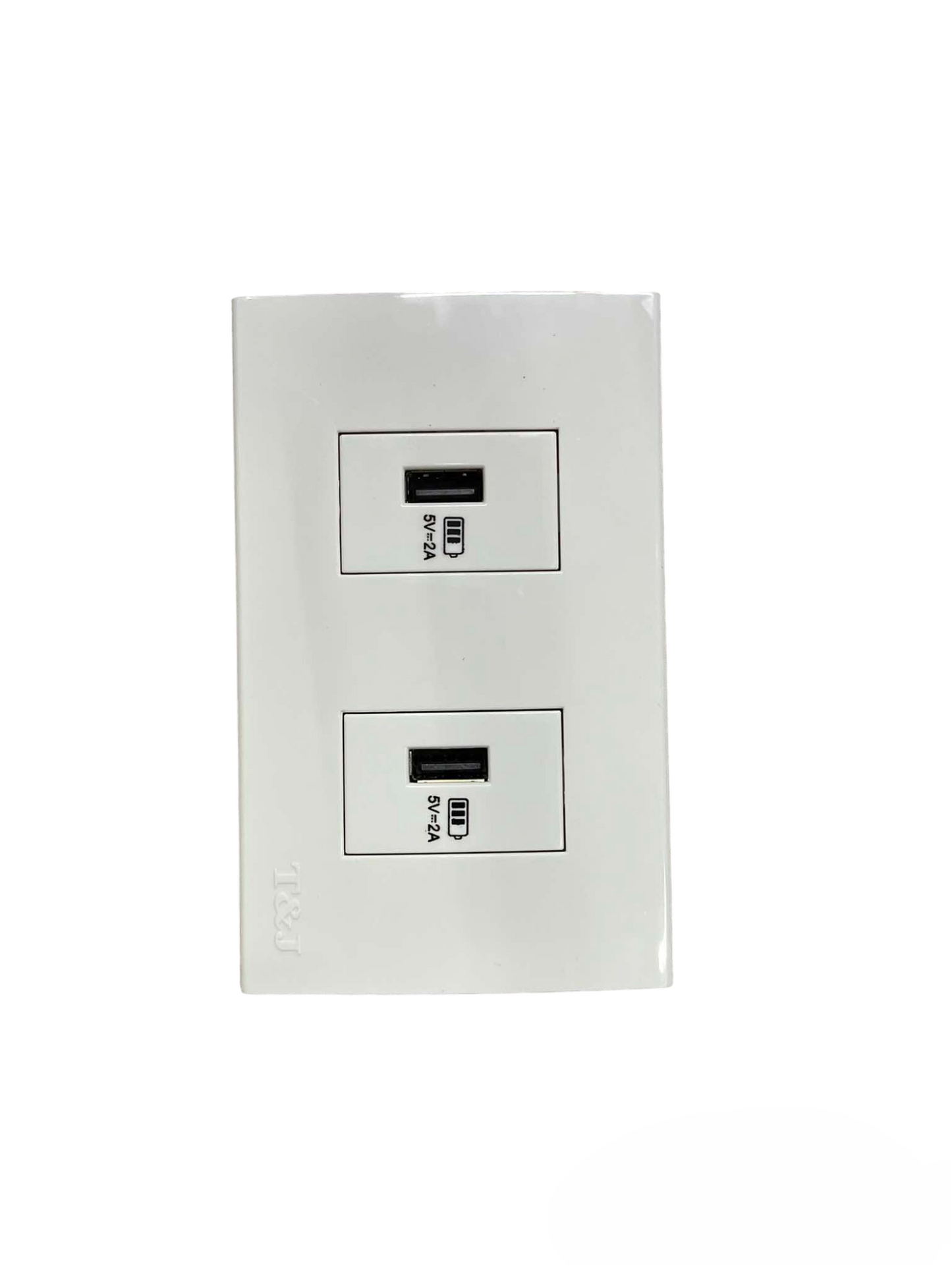 T&J Outlet 5V DC 2.4A USB-A with Plate Cover dual USB charging ports in white