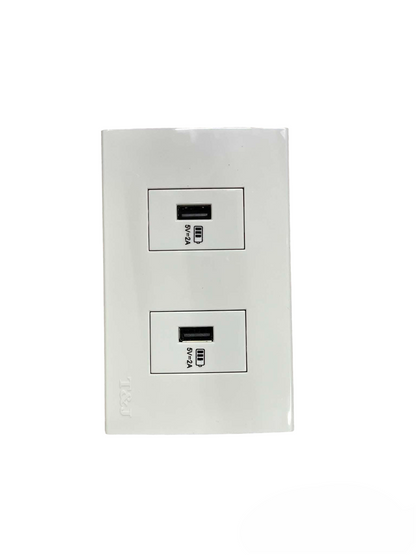 T&J Outlet 5V DC 2.4A USB-A with Plate Cover dual USB charging ports in white