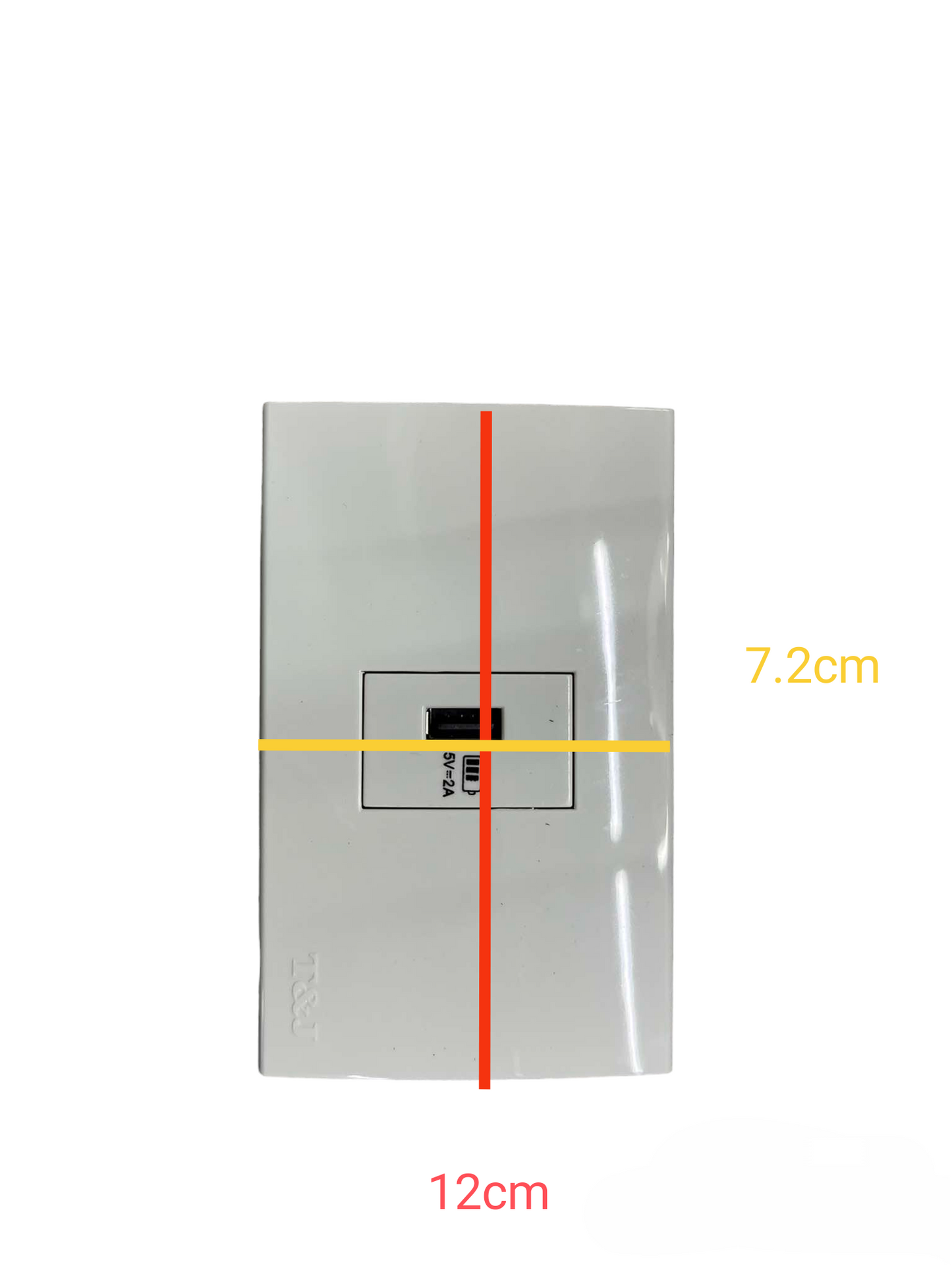 T&J Outlet 5V DC 2.4A USB-A with Plate Cover in white with dimensions 12 cm by 7.2 cm