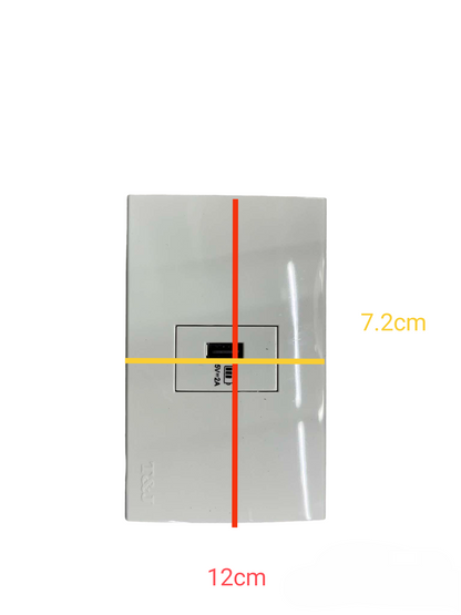 T&J Outlet 5V DC 2.4A USB-A with Plate Cover in white with dimensions 12 cm by 7.2 cm
