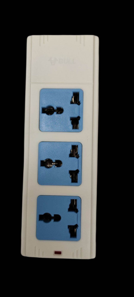 Bull Outlet Universal Type 3 Gang 10A 250V power strip with three universal sockets in white and blue
