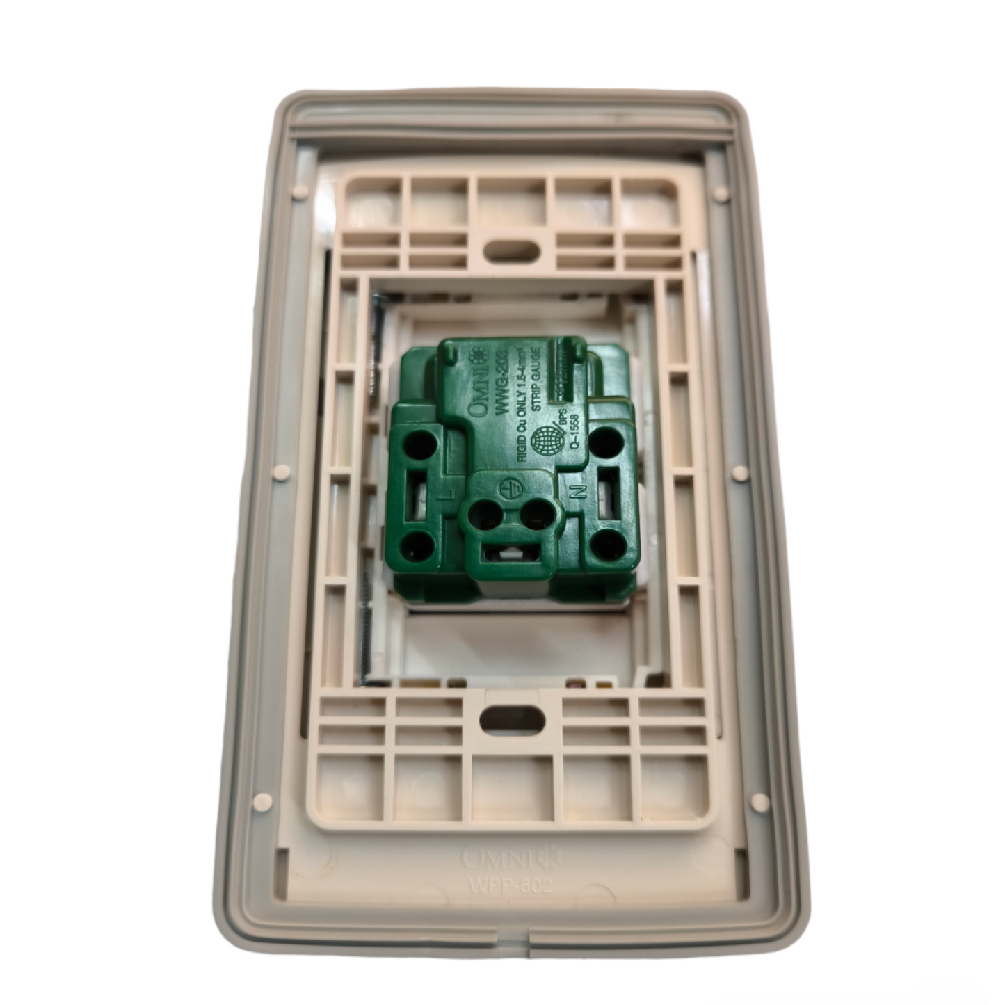 Omni power outlet with ground 16A 250V with stainless plate showing back mounting frame and wiring connections