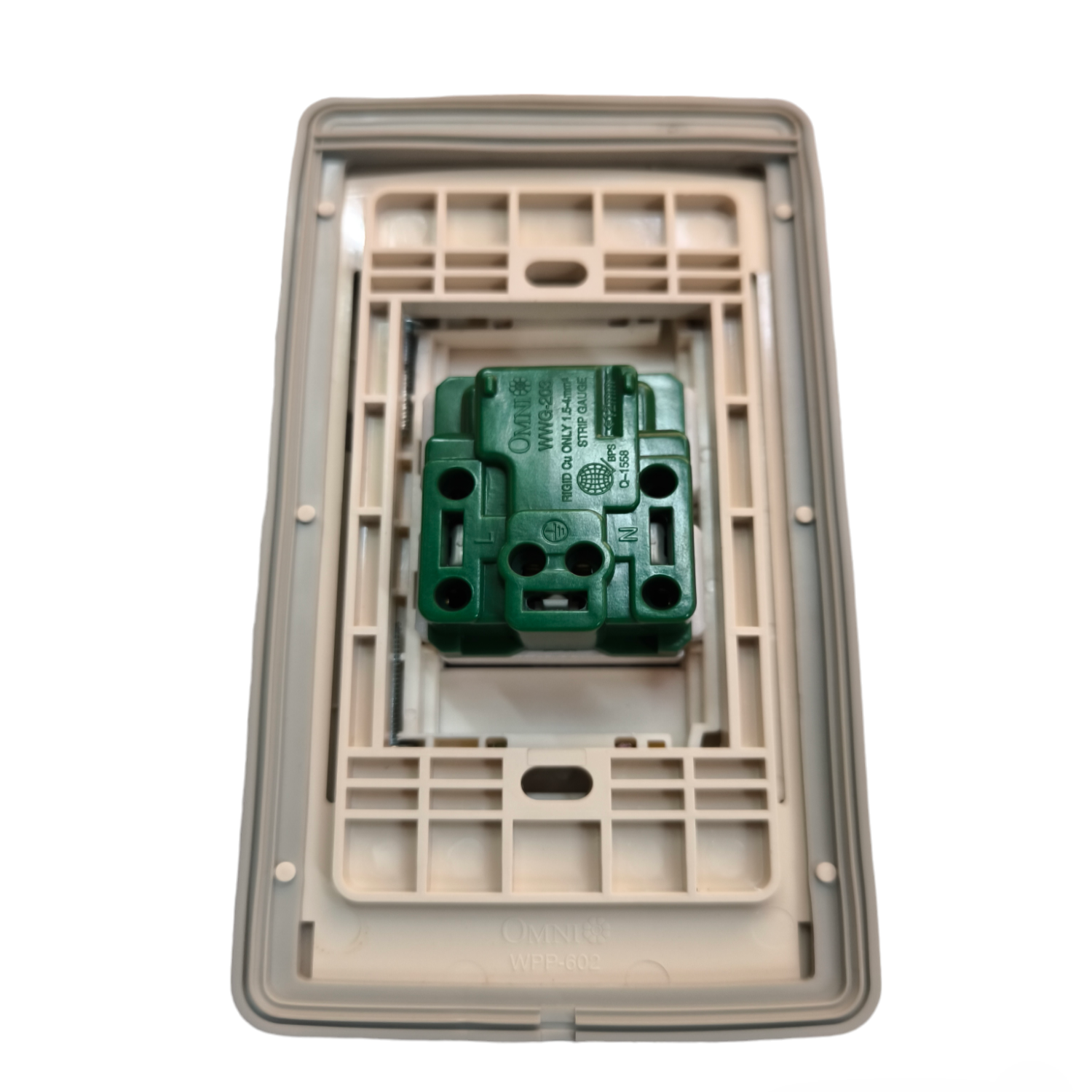 Omni power outlet with ground 16A 250V with stainless plate showing back mounting frame and wiring connections