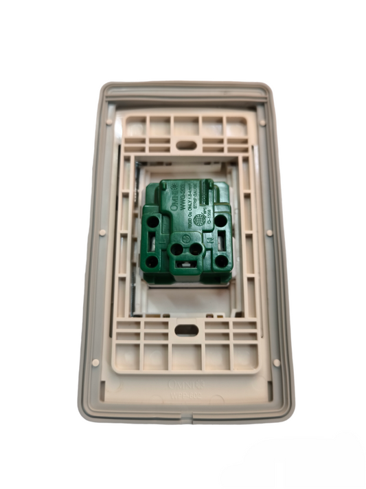 Omni power outlet with ground 16A 250V with stainless plate showing back mounting frame and wiring connections