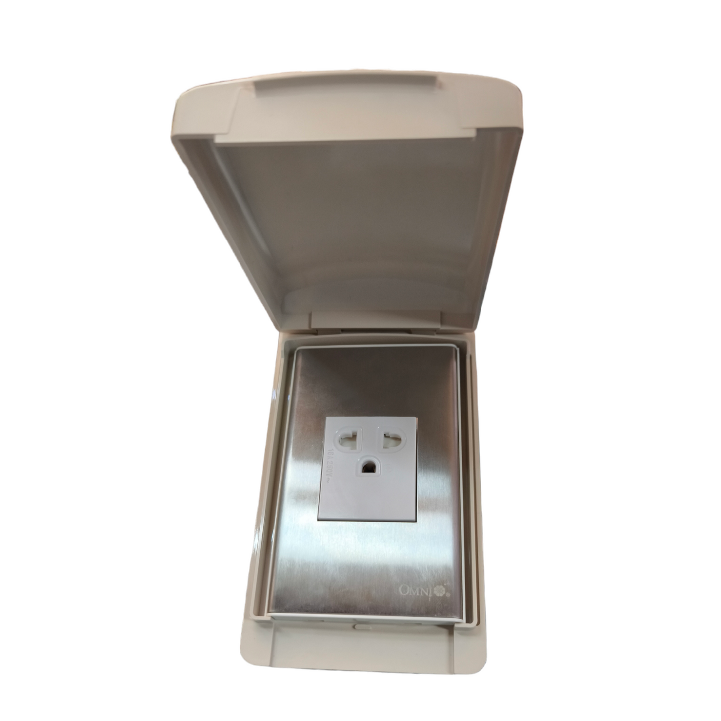 Omni outlet with ground 16A 250V with stainless plate enclosed in a protective cover