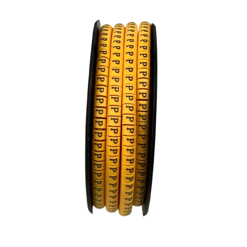 Roll of yellow cable management labels with black letter P P Marker 2.6mm to 4.2mm for wire identification