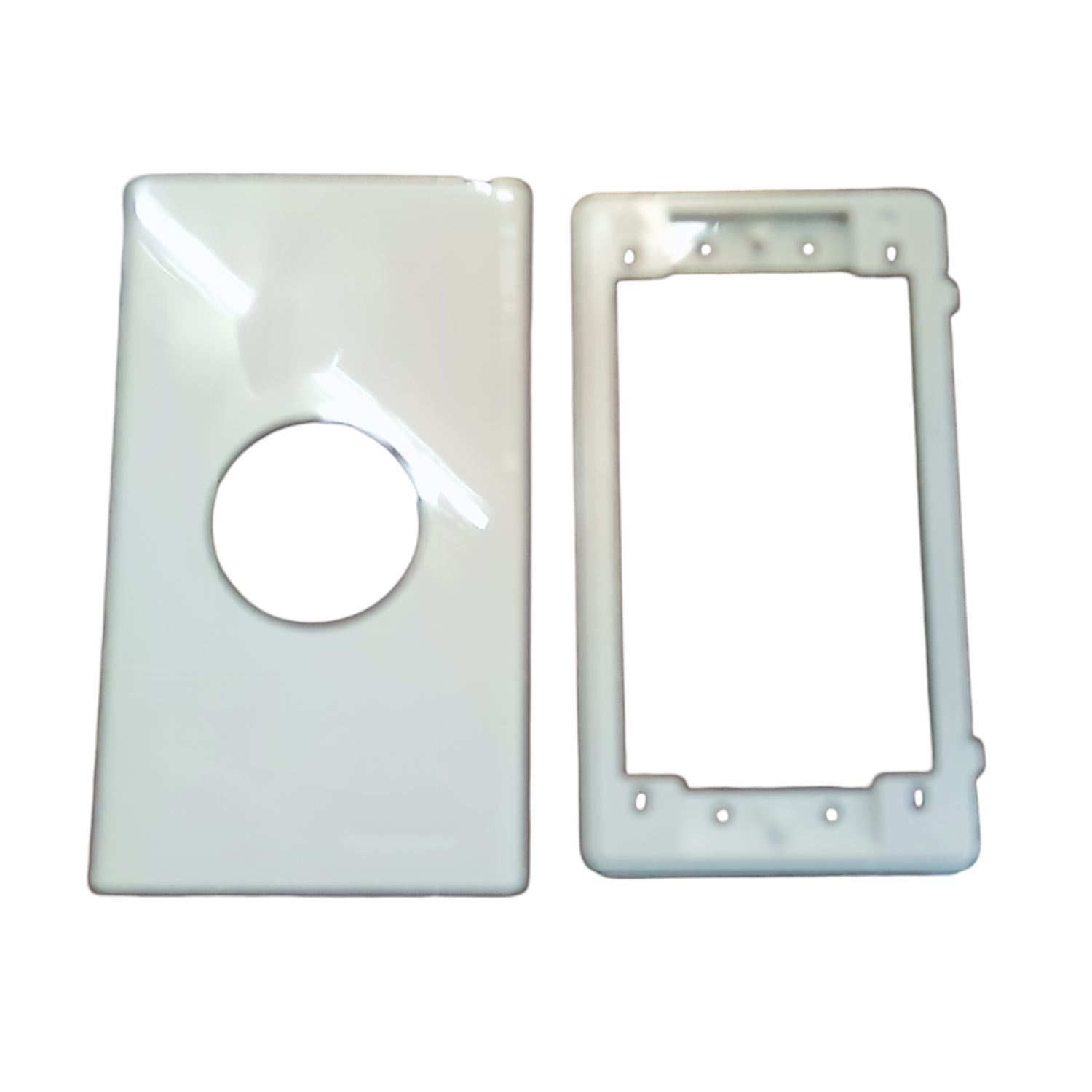 White Panasonic 1 gang plate cover with rectangular frame and circular opening for switches
