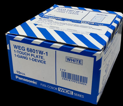 Panasonic box of WEG 6801W-1 white 1 touch plate packaging showing 1 Gang Plate Wide Series 10PCS.