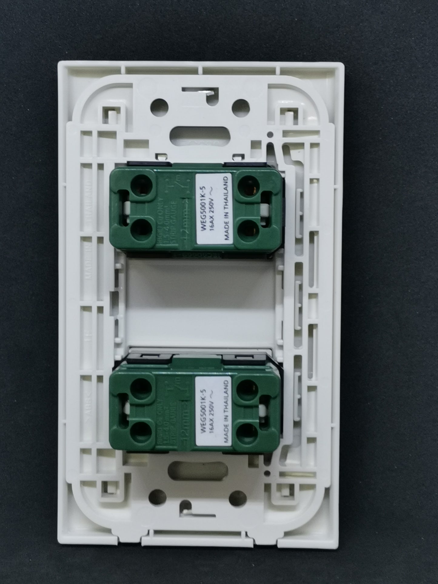 Panasonic 1 Way Switch 2 Gang Wide Series white rocker faceplate showing two green module inserts