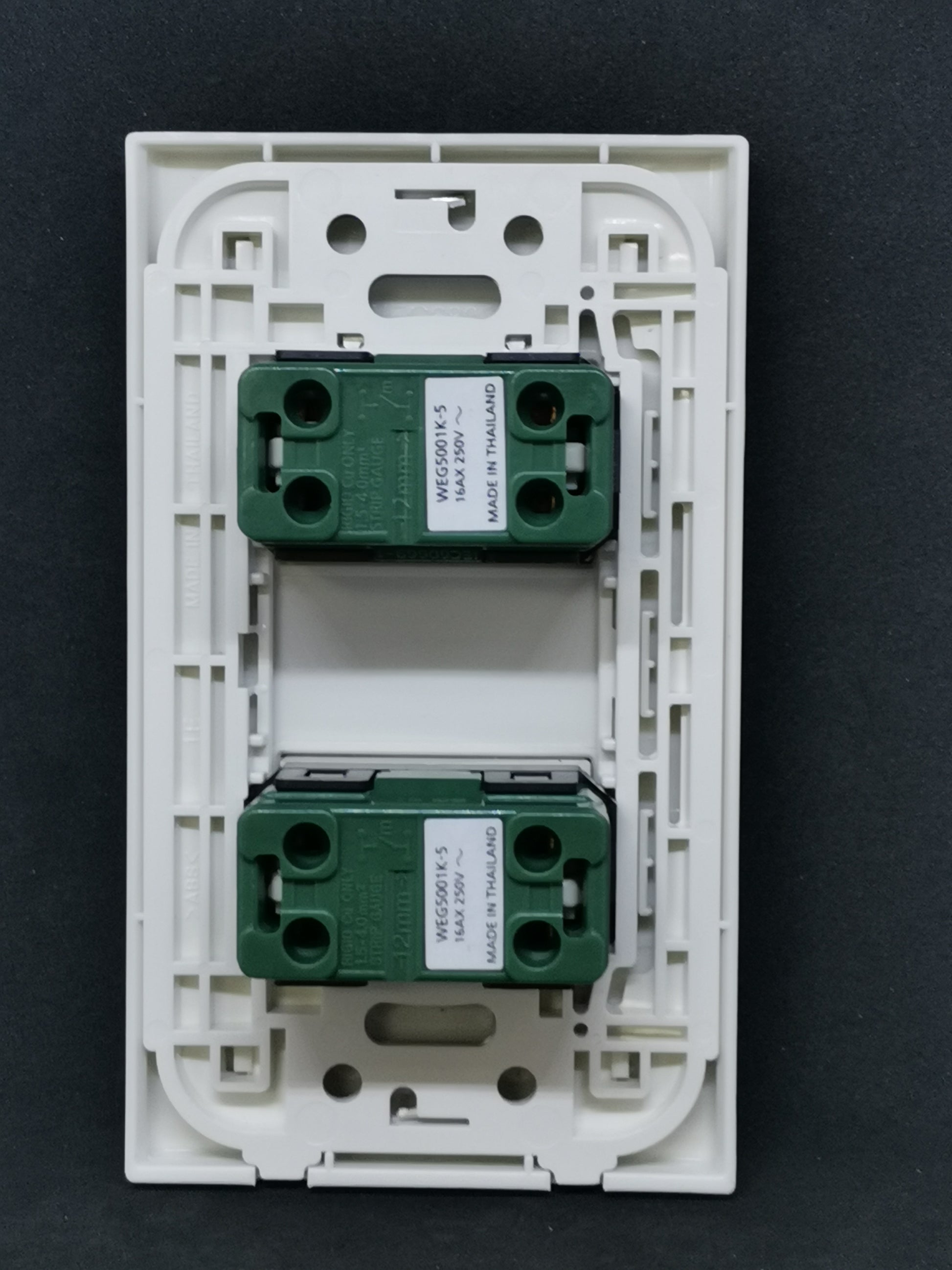 Panasonic 1 Way Switch 2 Gang Wide Series white rocker faceplate showing two green module inserts