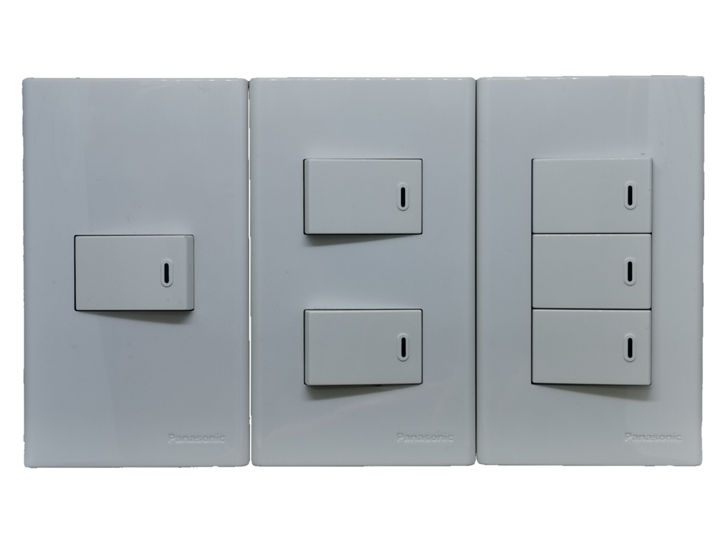 Panasonic 1 Way Switch 2 Gang Wide Series white wall plate trio showing single double and triple rocker switches