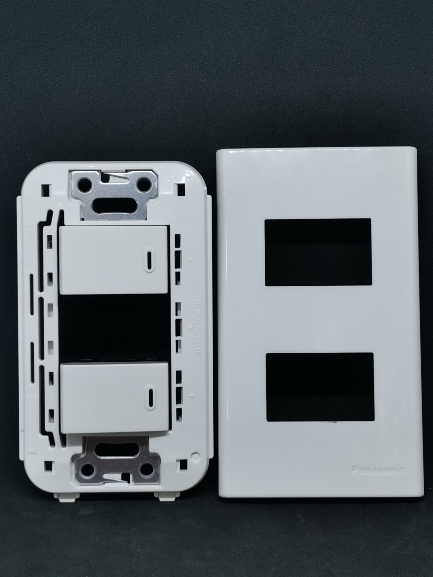 Panasonic 1 Way Switch 2 Gang Wide Series white dual rocker switch with faceplate front and back view
