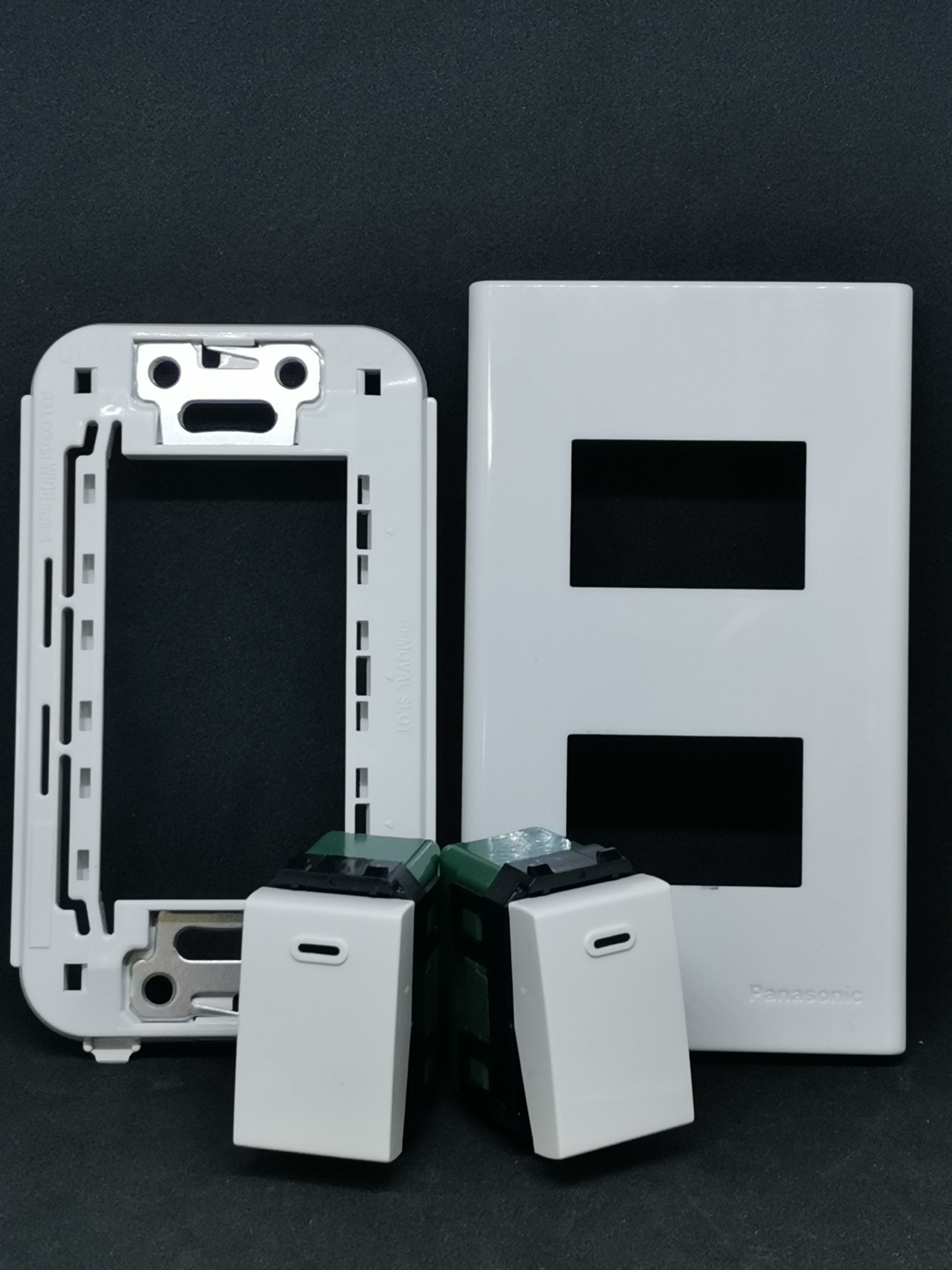 Panasonic 1 Way Switch 2 Gang Wide Series white double rocker switches with wide faceplate and mounting frame