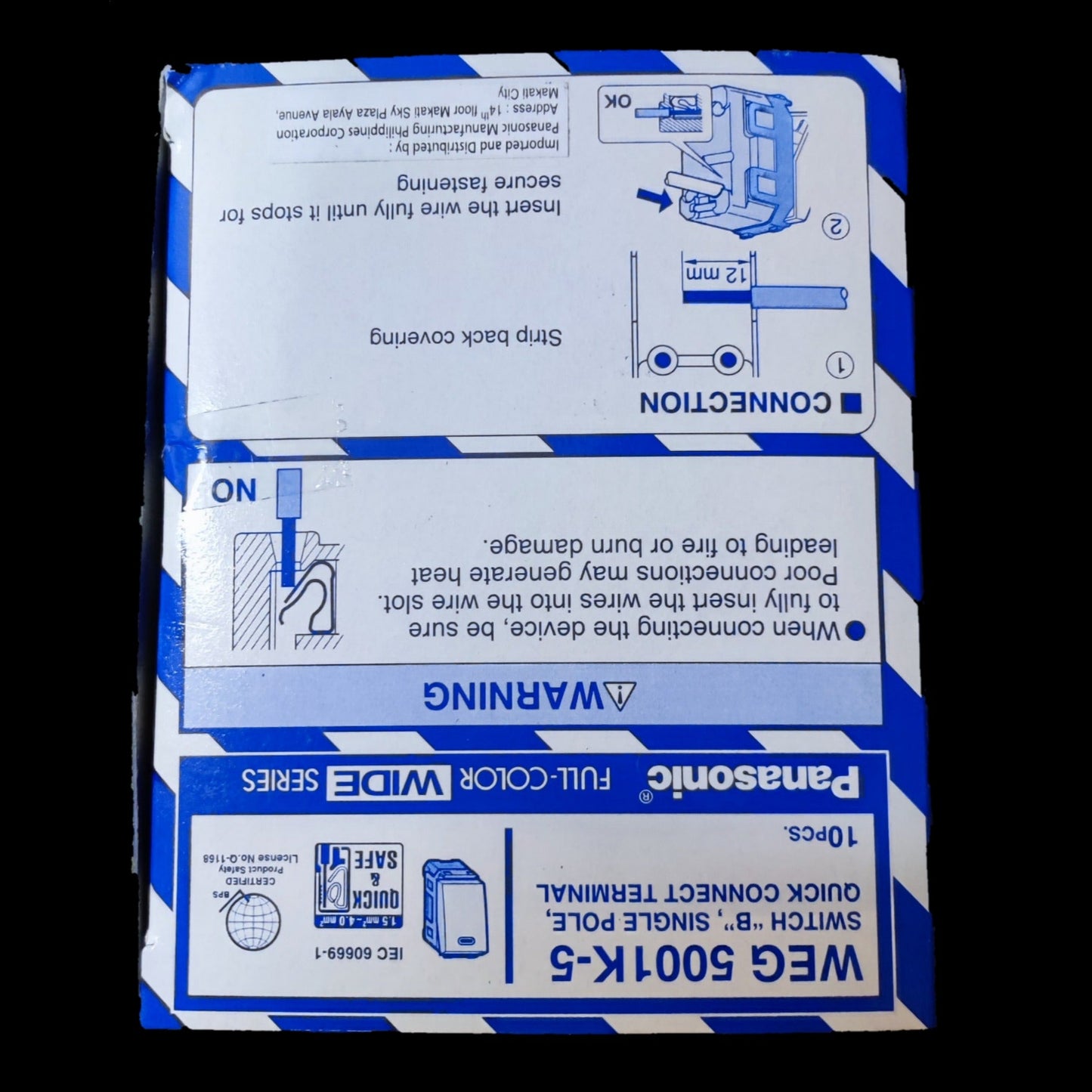 Panasonic 1 Way Switch Wide Series WEG5001K-5 packaging box with wiring diagram and connection instructions