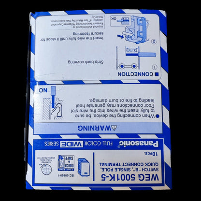 Panasonic 1 Way Switch Wide Series WEG5001K-5 packaging box with wiring diagram and connection instructions