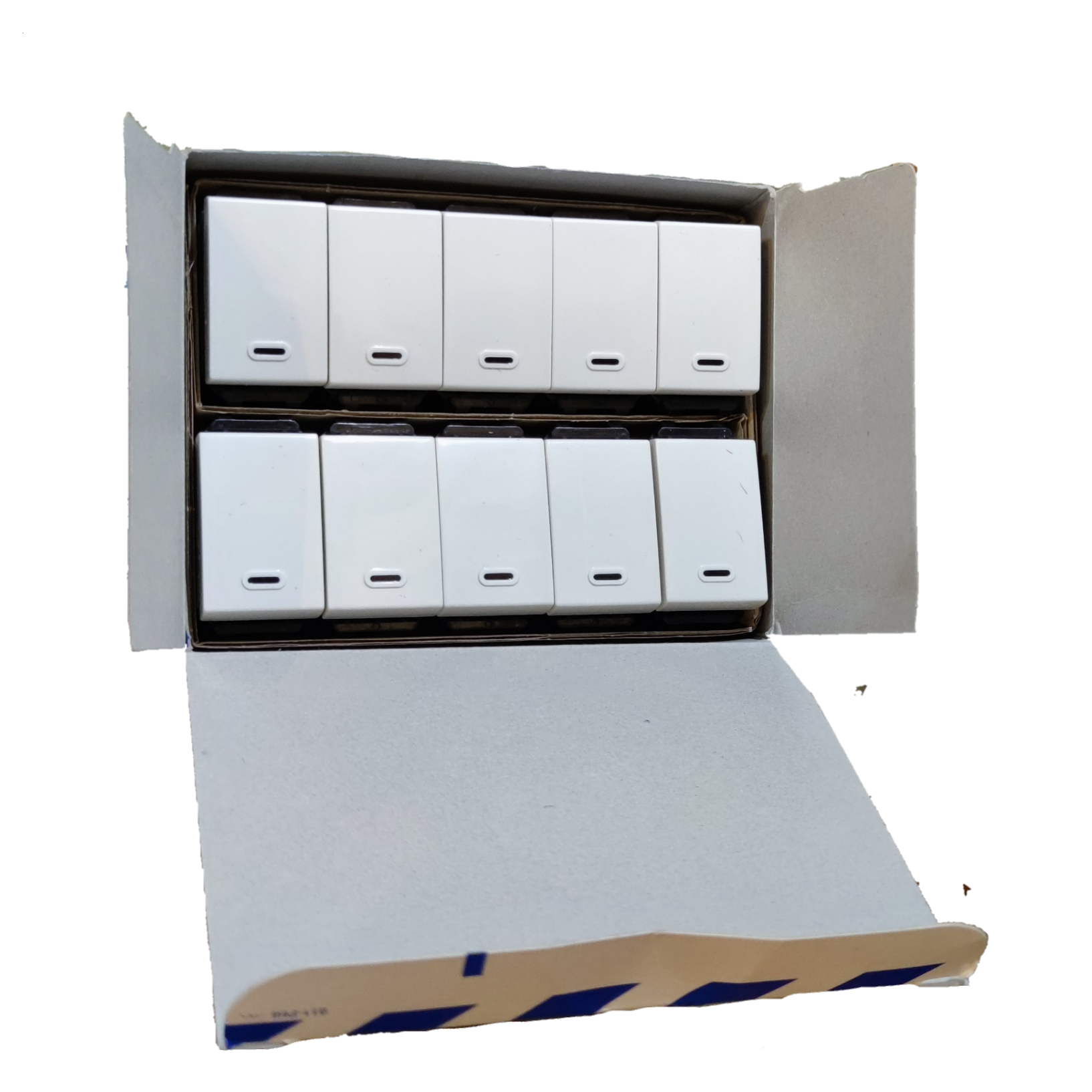 Panasonic 1 Way Switch Wide Series WEG5001K-5 white wall switches packed in open cardboard box in two rows