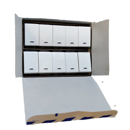 Panasonic 1 Way Switch Wide Series WEG5001K-5 white wall switches packed in open cardboard box in two rows