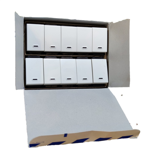 Panasonic 1 Way Switch Wide Series WEG5001K-5 white wall switches packed in open cardboard box in two rows