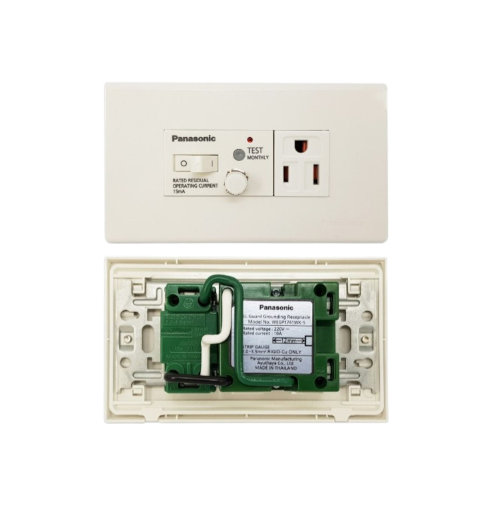 Panasonic 10A 250V GFCI outlet white with built-in test button and wiring visible on back