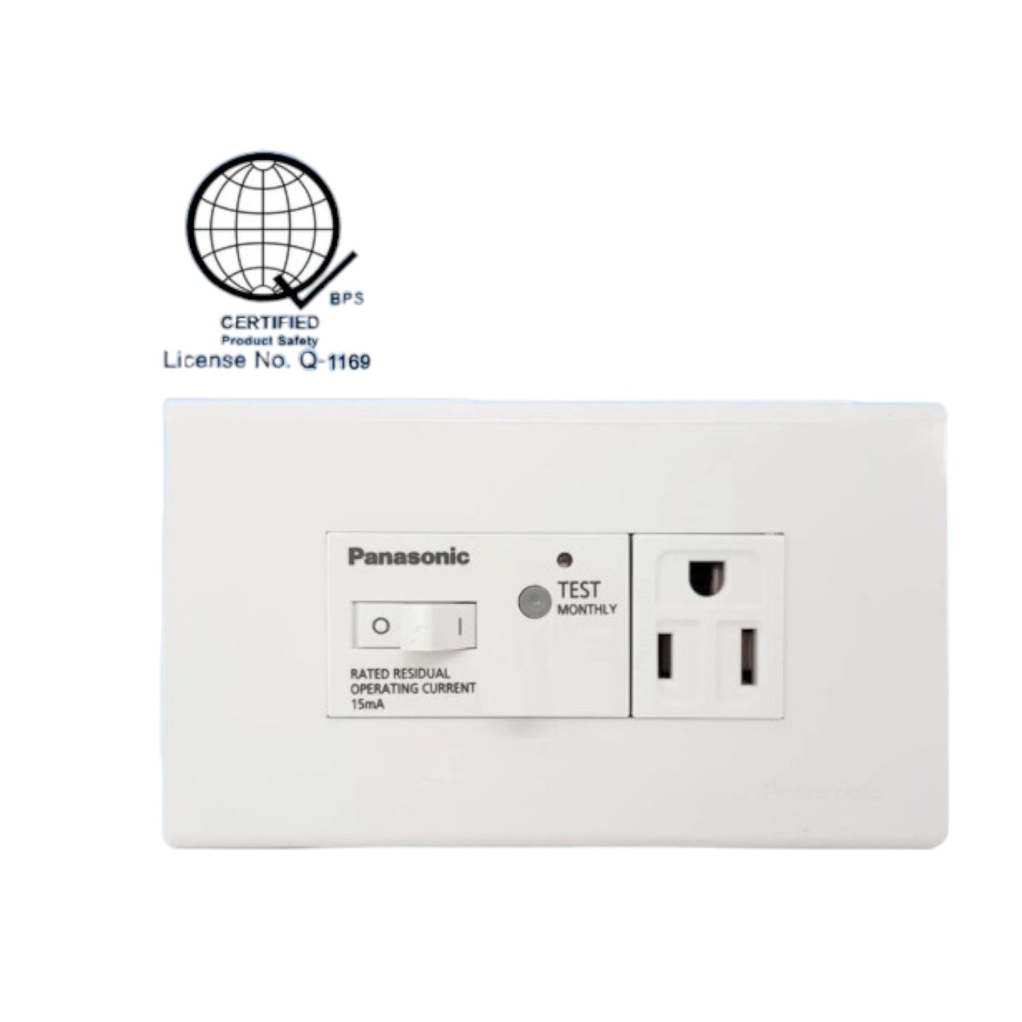 Panasonic 10A 250V GFCI outlet white with test button and reset switch for safety